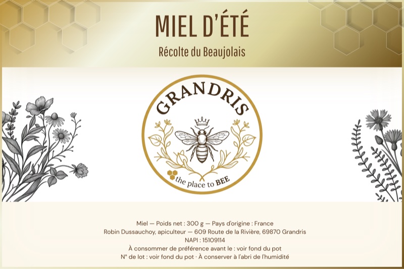 Étiquette du Miel d’Été Grandris, pot de 300 g, récolté dans le Beaujolais
