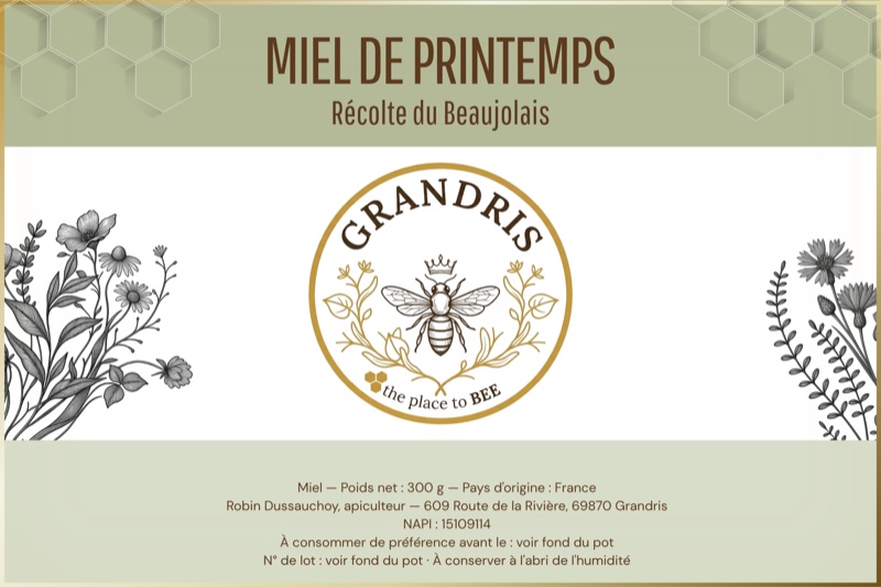 Étiquette du Miel de Printemps Grandris au bandeau vert tilleul, pot de 300 g